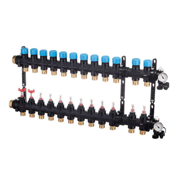 Коллекторная группа 12 отводов 1" с расходомерами и термометрами Henco (композит) (UFH-0605MDK12-03L)