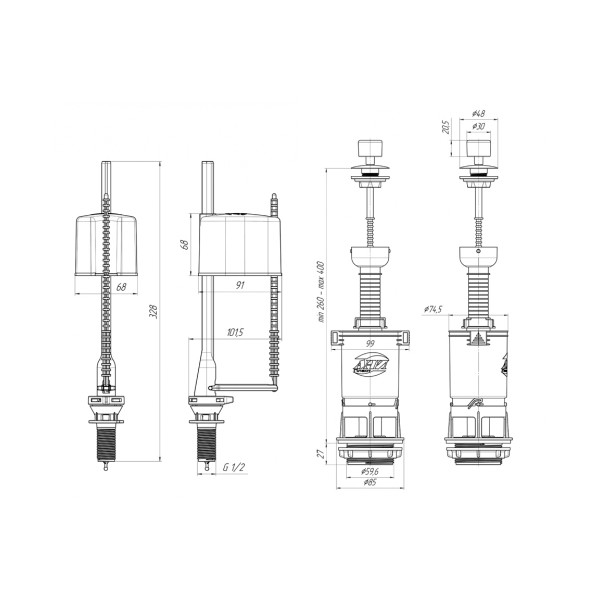 Арматура для смывного бачка АНИ (нижний подвод 1/2" (пластик), 1-уровень, металл. ручка шток эконом) АНИ пласт (WC4550M)