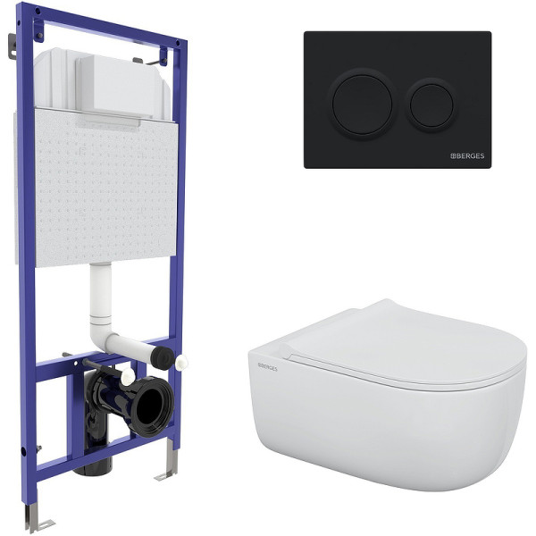 Комплект инсталляция с унитазом Berges Novum525 c с кнопкой O5 черная Soft Touch, унитаз EGO XL Rimless, сиденье Okus Slim SO (043303) Комплект инсталляция с унитазом Berges Novum525 c с кнопкой O5 черная Soft Touch, унитаз EGO XL Rimless, сиденье Okus Slim SO (043303)