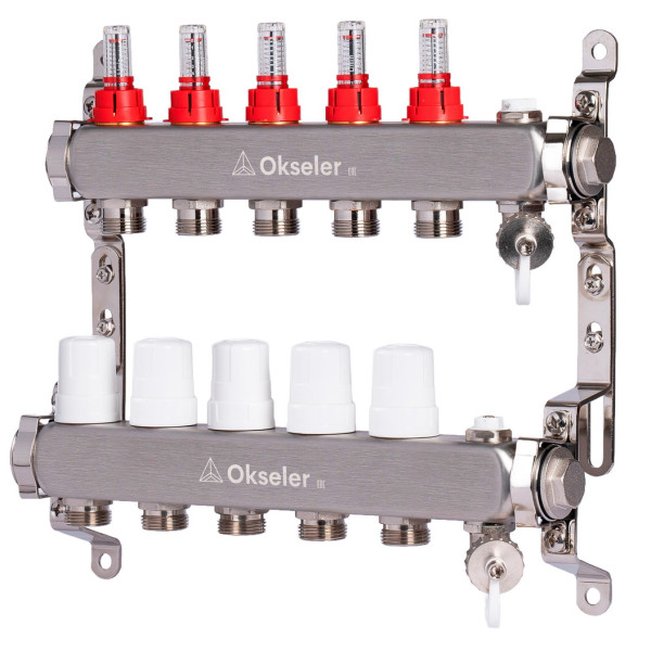 Коллекторная группа 5 отводов 1"*3/4"(18) ЕК с расходомерами Okseler (нерж.ст) с дренажным краном и краном Маевского (Oks00315)
