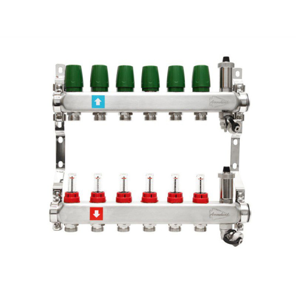 Коллекторная группа 6 отводов 1"х3/4" Arrowhead с расходомерами, дренажом и воздухоотводчиком нерж.сталь (CS-550-06) Коллекторная группа 6 отводов 1"х3/4" Arrowhead с расходомерами, дренажом и воздухоотводчиком нерж.сталь (CS-550-06)