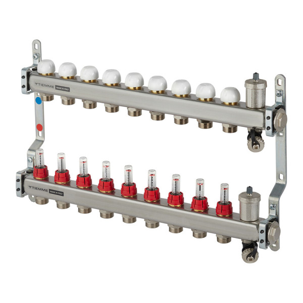 Коллекторная группа Tiemme 9 отводов 1"-3/4" НР ЕК M30х1,5 мм. с расходомерами (нерж.ст) (3920135)