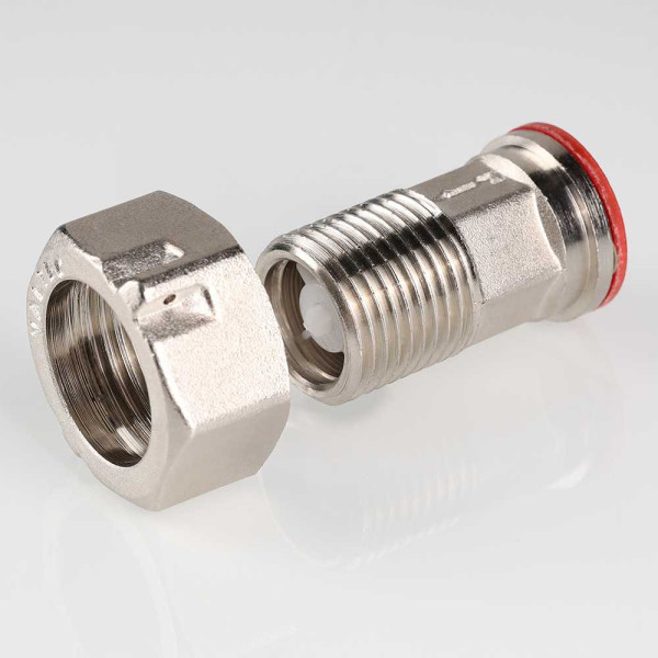 Сгон с накидной гайкой и обратным клапаном 1/2"*3/4" Valtec (никель) (VTr.612.N.0004) Сгон с накидной гайкой и обратным клапаном 1/2"*3/4" Valtec (никель) (VTr.612.N.0004)