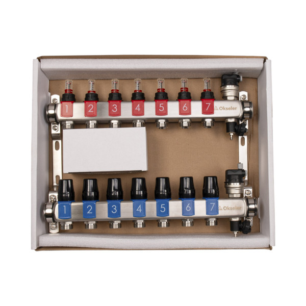 Коллекторная группа 7 отводов 1"*3/4"(18) ЕК с расходомерами Okseler (нерж.ст) с автоматическими воздухоотводчикоми и шаровыми кранами с термометрами