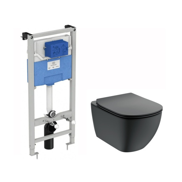 Инсталляция для подвесного унитаза Ideal Standard Tesi с унитазом, с сиденьем микролифт, черный шелк (T3868V1)