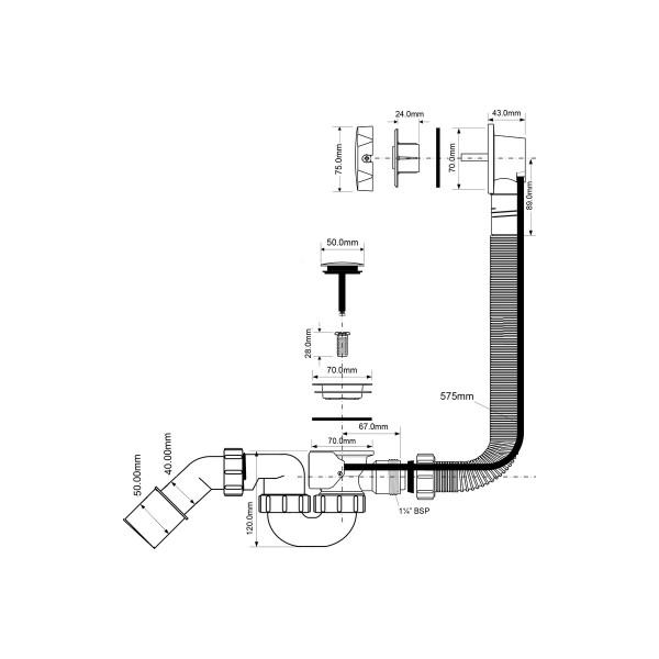 Обвязка для ванны McAlpine 1 1/2"x70 мм с автопереливом L575 D34мм с пробкой, выход 40/50 мм, хром (MRB2C-PB)