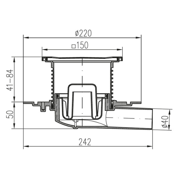 Трап MCH с боковым сливом универсальный DN40 решетка нерж. 150х150 (г/з+с/з) c фланцем