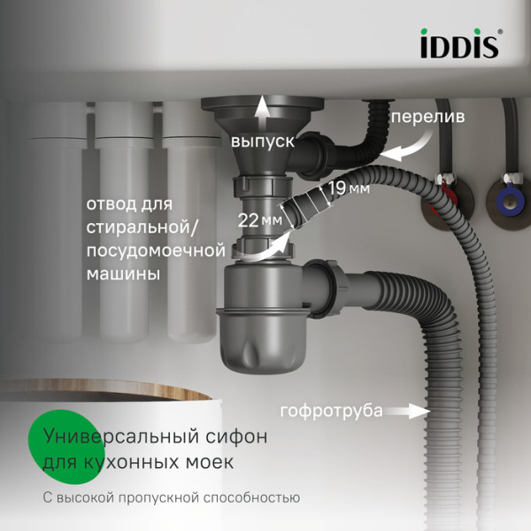 Сифон Iddis 40x3 1/2" бутылочный Iddis с выпуском переливом отводом и гофротрубой Optima Home (900CVG1P10VD)
