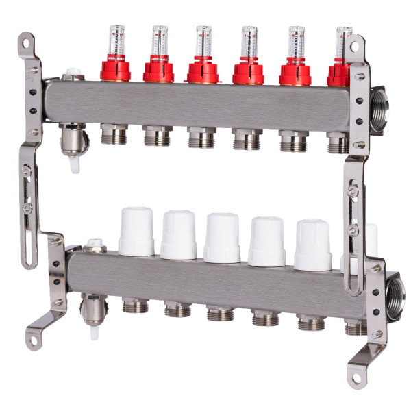 Коллекторная группа 6 отводов 1"*3/4"(18) ЕК с расходомерами Okseler (нерж.ст) с дренажным краном и краном Маевского (Oks00316)