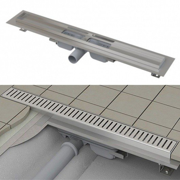 Лоток душевой AlcaPlast / AlcaDrain 1150 мм с порогами, без решетки, боковой слив D40, мокрый гидрозатвор  (APZ101-1150)