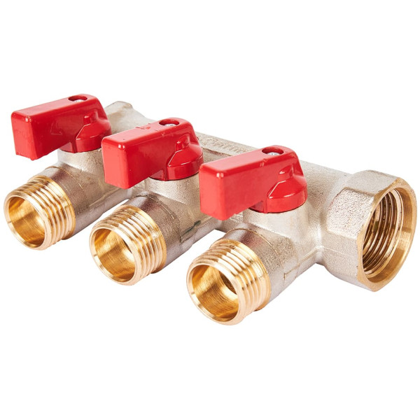 Коллектор 3 отвода с шаровыми клапанами 3/4"x1/2"(16) Stout (никель, красные ручки) (SMB-6210-341203) Коллектор 3 отвода с шаровыми клапанами 3/4"x1/2"(16) Stout (никель, красные ручки) (SMB-6210-341203)