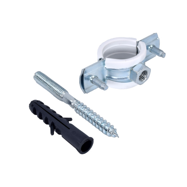 Хомут сантехнический 3/4" (25-28 мм) оцинкованная сталь со шпилькой и дюбелем М8 (белый) ПЗМ ХБ02-028 Хомут сантехнический 3/4" (25-28 мм) оцинкованная сталь со шпилькой и дюбелем М8 (белый) ПЗМ ХБ02-028