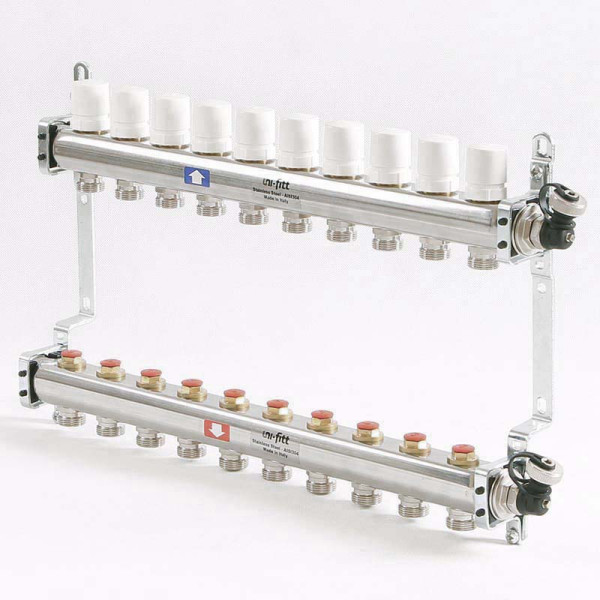 Коллекторная группа Uni-Fitt 10 отводов 1"х3/4" с балансировочными и термостатическими вентилями нерж. сталь