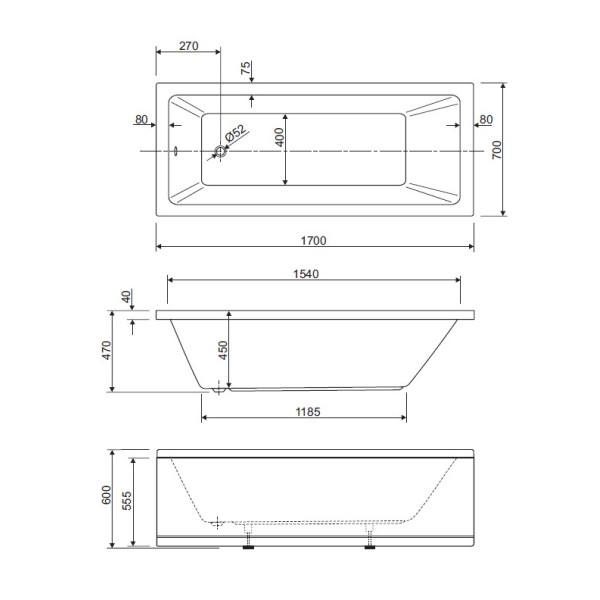 Ванна акриловая Cezares Plane Solo 170x70x60 белый (PLANE SOLO-170-70-45-W37)
