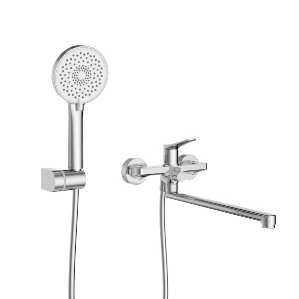 Смеситель для ванны и душа с длинным изливом с душем, шлангом и держателем BelBagno (UNIQUE-VASM-L-CRM)