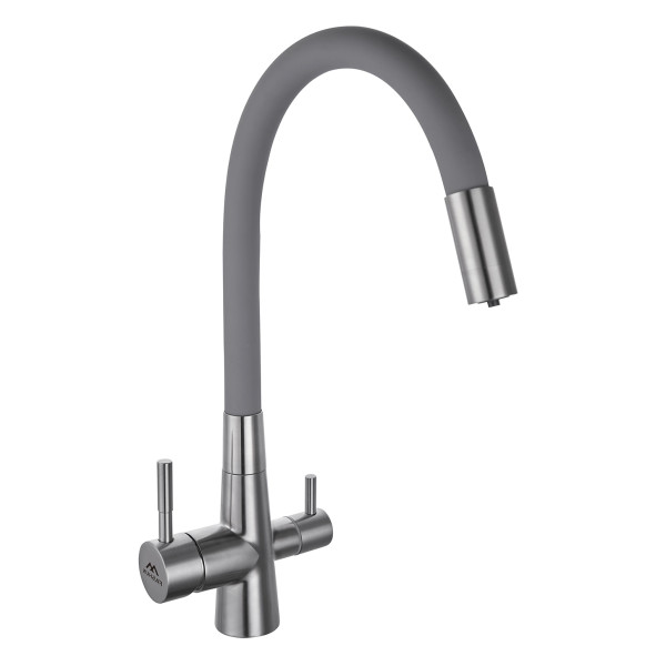 Смеситель для кухни Fashun с гибким изливом, с переключателем на фильтр сатин/серый (A54029-12)