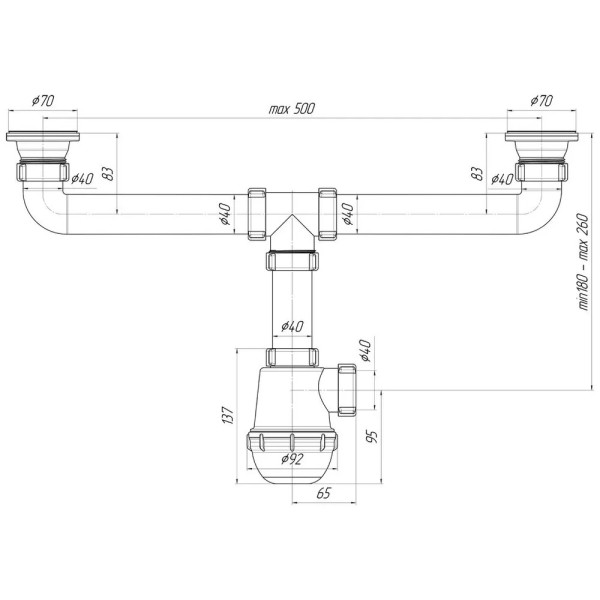 Сифон 40 мм. бутылочный АНИ "Грот" с 2-мя выпусками 1 1/2"*70 мм. АНИ пласт (A3000) Сифон 40 мм. бутылочный АНИ "Грот" с 2-мя выпусками 1 1/2"*70 мм. АНИ пласт (A3000)
