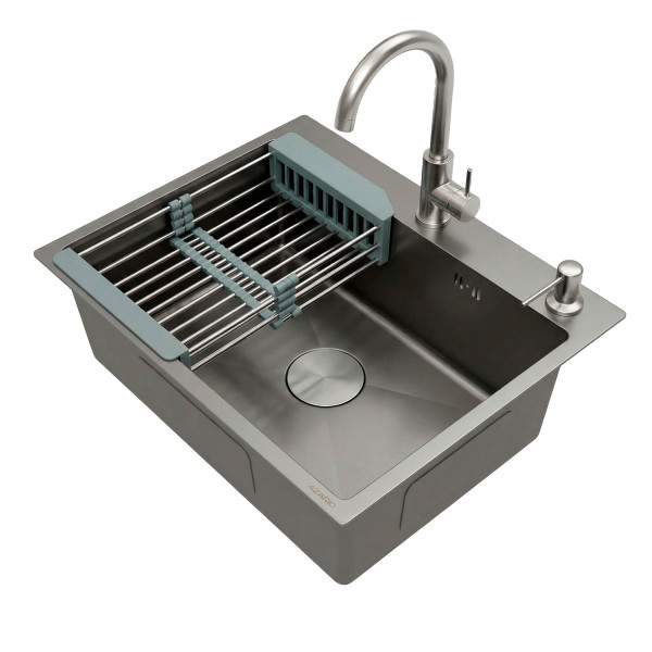Мойка для кухни Azario Nicole 500х500х220 в комплекте сифон диспенсер коландер серая соты (AZG5050H)