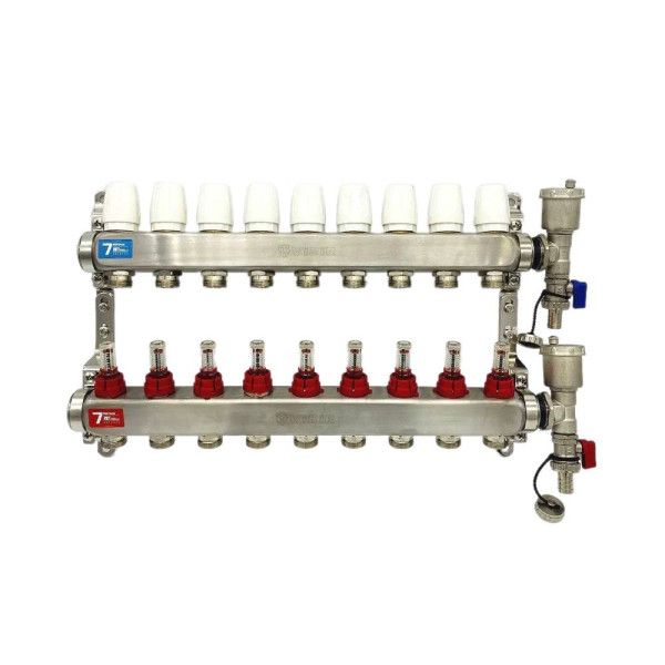 Коллекторная группа 9 отводов 1"*3/4"(18) ЕК с расходомерами Vieir (с тройниками, нерж.ст) (VR113-09A)