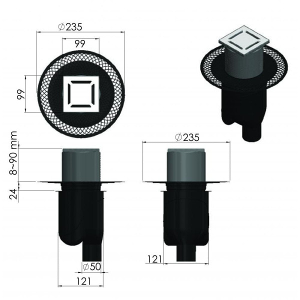 Трап Berges водосток Platz Norma 100х100, хром глянец, S-сифон D50/105 H50 вертикальный (091058)