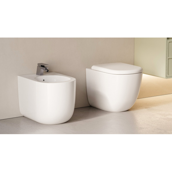 Унитаз напольный Abber Bequem приставной безободковый, смыв торнадо белый (AC1135T)