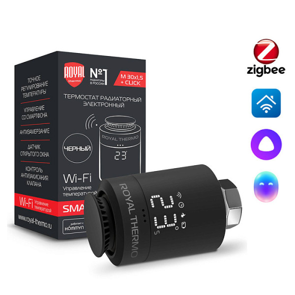 Головка термостатическая М30х1,5 (+click) Royal Thermo Smart Heat электронная (черная) (RTE 77.001B) Головка термостатическая М30х1,5 (+click) Royal Thermo Smart Heat электронная (черная) (RTE 77.001B)