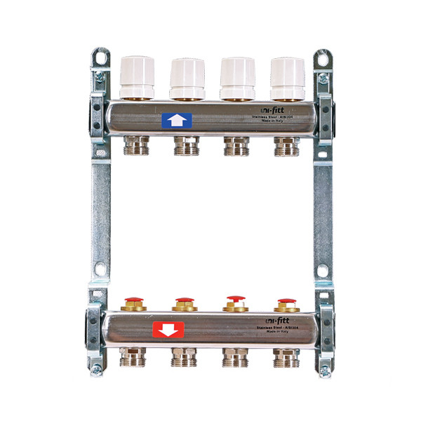 Коллекторная группа Uni-Fitt 4 отвода 1"х3/4" с балансировочными и термостатическими вентилями без конц нерж. cталь
