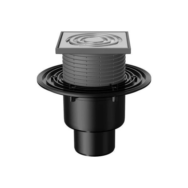 Трап регулируемый Fachmann T 310.0 SOsP 122x122 вертикальный выпуск DN50/75/110 без гидрозатвора, решетка нерж. сталь, пластиковый подрамник (04.017)