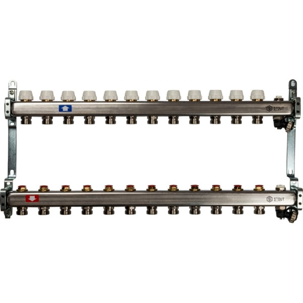 Коллекторная группа 12 отводов 1"x3/4"(18)EK без расходомеров, с клапаном вып. воздуха и сливом Stout (нерж.сталь) (SMS-0932-000012)