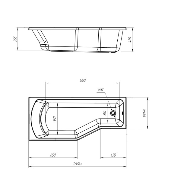 Ванна акриловая 1Marka Convey 170x75 правосторонняя белая (01кон1775п)