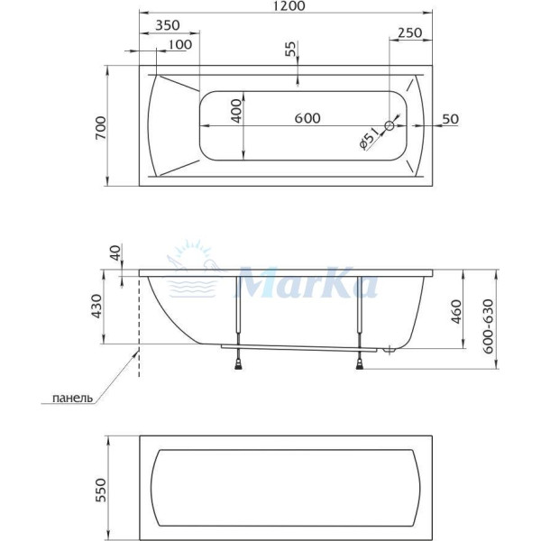 Ванна акриловая Marka One Modern 120х70 без гидромассажа