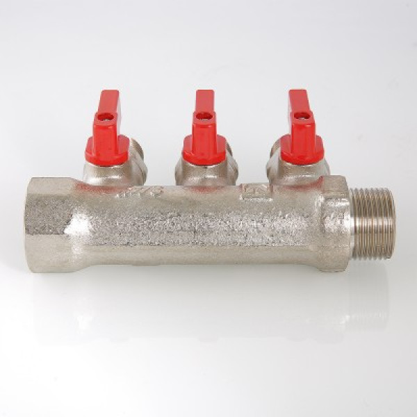 Коллектор 3 отв. с шар. клапанами 1"*1/2" Valtec (никель) красные ручки (VTc.580.N.0603) Коллектор 3 отв. с шар. клапанами 1"*1/2" Valtec (никель) красные ручки (VTc.580.N.0603)