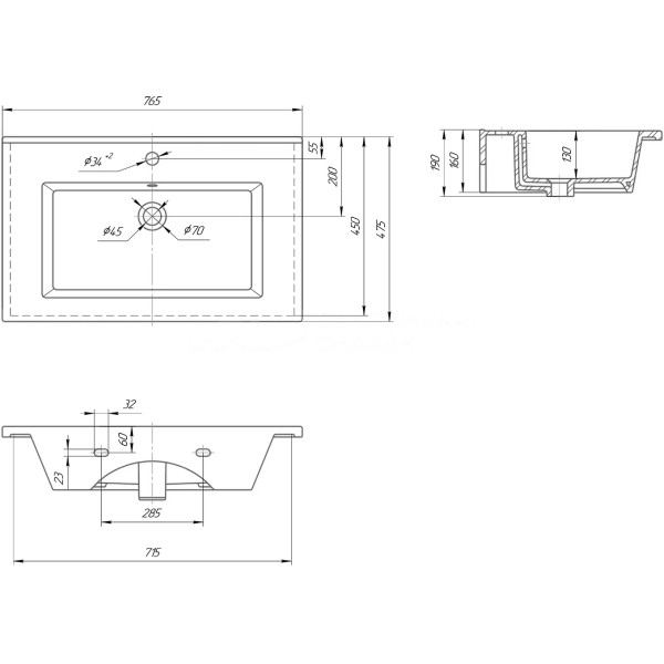 Раковина мебельная Kirovit Оскар 765x190x475 белая (4640021062210)
