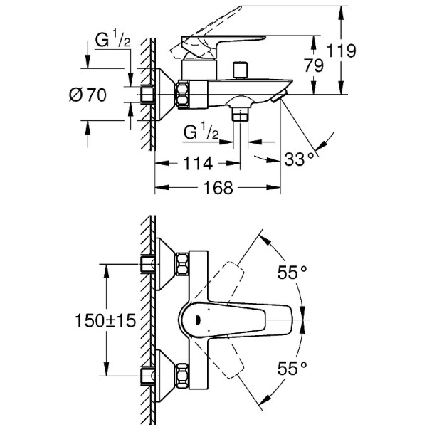 Смеситель для ванны и душа Grohe BauEdgeм хром (23604001)