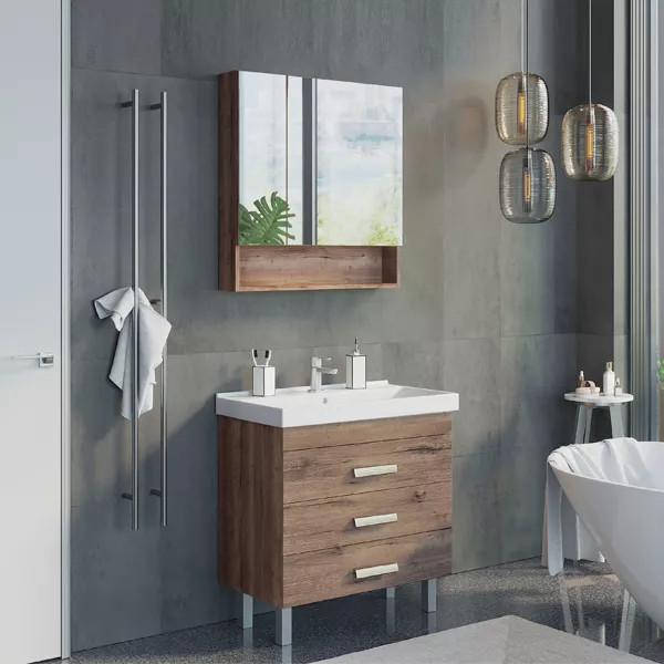 Шкаф зеркальный Comforty Никосия 800x135x800 дуб темный (00-00007619)