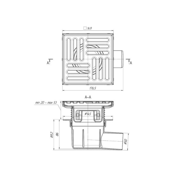 Трап горизонтальный 50 мм. (150*150) АНИ регулируемый, с сухим затвором (решетка нерж.ст.) АНИ пласт (TQ5612)