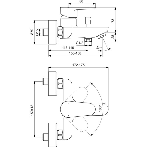 Смеситель для ванны и душа Ideal Standard Cerafine O хром (BC500AA)