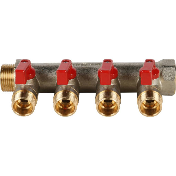 Коллектор 4 отвода с шаровыми клапанами 3/4"x1/2"(16) Stout (латунь, красные ручки) (SMB-6200-341204) Коллектор 4 отвода с шаровыми клапанами 3/4"x1/2"(16) Stout (латунь, красные ручки) (SMB-6200-341204)