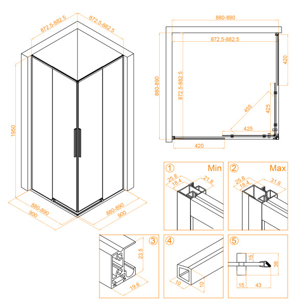 Душевой уголок RGW Stilvoll 90x90x195 стекло прозрачное, профиль черный (32323199-14)