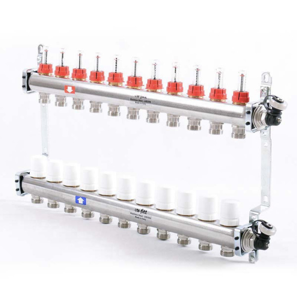 Коллекторная группа Uni-Fitt 11 отводов 1"х3/4" с расходомерами и термостатическими вентилями нерж. сталь