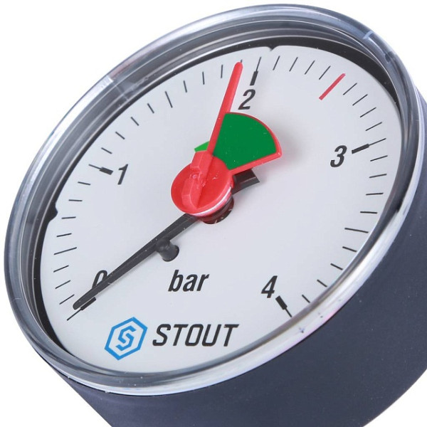 Манометр аксиальный 1/4" 63 мм с указателем предела (0...4 бар, кл.2.5) Stout (SIM-1007-630408)
