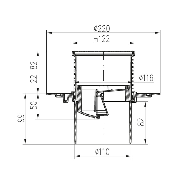 Трап MCH с нижним сливом универсальный DN110 решетка нерж. 122х122 (г/з+с/з)