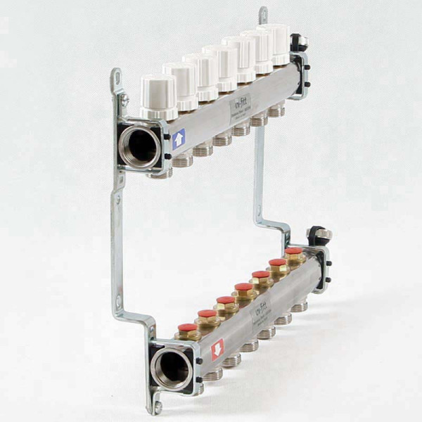 Коллекторная группа Uni-Fitt 7 отводов 1"х3/4" с балансировочными и термостатическими вентилями нерж. сталь Коллекторная группа Uni-Fitt 7 отводов 1"х3/4" с балансировочными и термостатическими вентилями нерж. сталь
