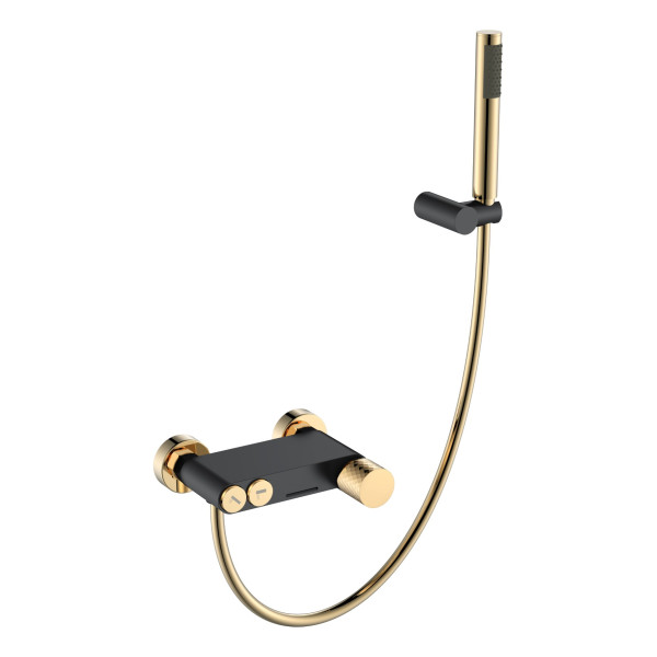 Смеситель для ванны и душа Boheme Stick black Diamond gold с душевым гарнитуром золотой (123-BG)