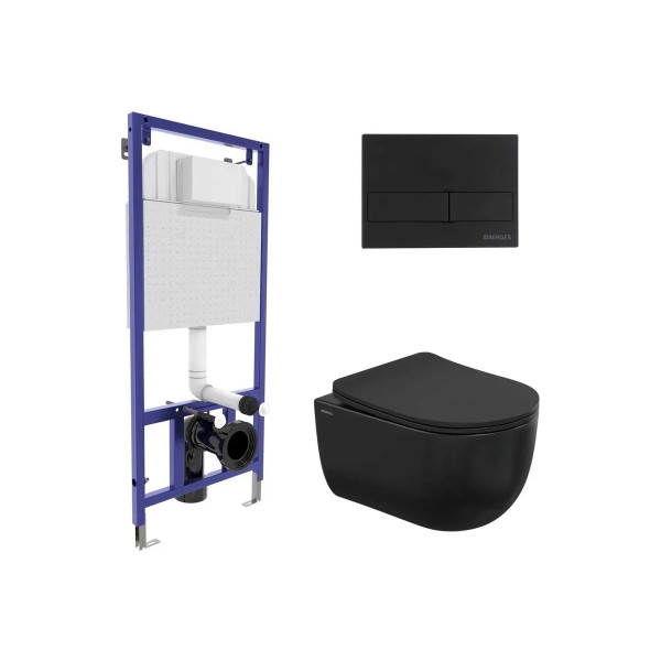 Комплект инсталляция с унитазом Berges: инсталляция Novum525, кнопка L5 soft touch черный, унитаз Ventas Black, сиденье с soft-close (043324)
