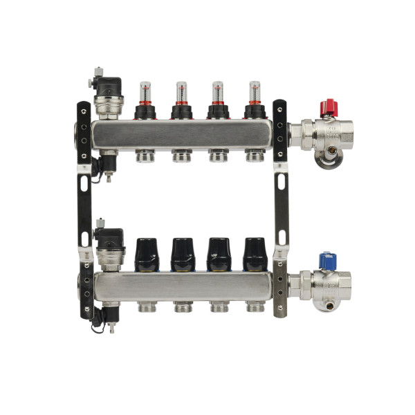 Коллекторная группа 4 отвода 1"*3/4"(18) ЕК с расходомерами Okseler (нерж.ст) с автоматическими воздухоотводчикоми и шаровыми кранами с термометрами (