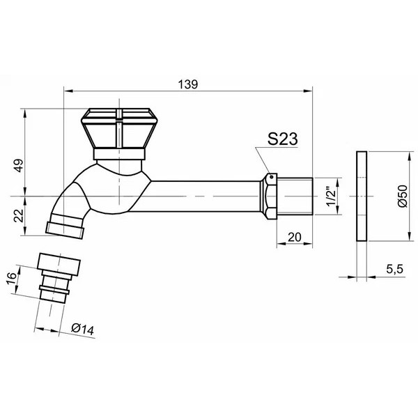 Кран вентильный сливной 1/2" со штуцером Vieir (короткий, декор бронза) (VR324)