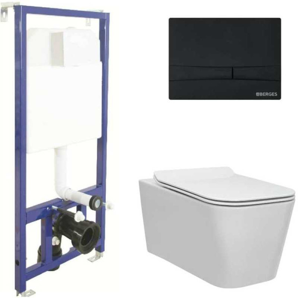 Комплект инсталляция с унитазом Berges: инсталляция NOVUM525, кнопка F5 SoftTouch черная, унитаз FLOE Rimless, сидение дюропласт Floe Slim SO,