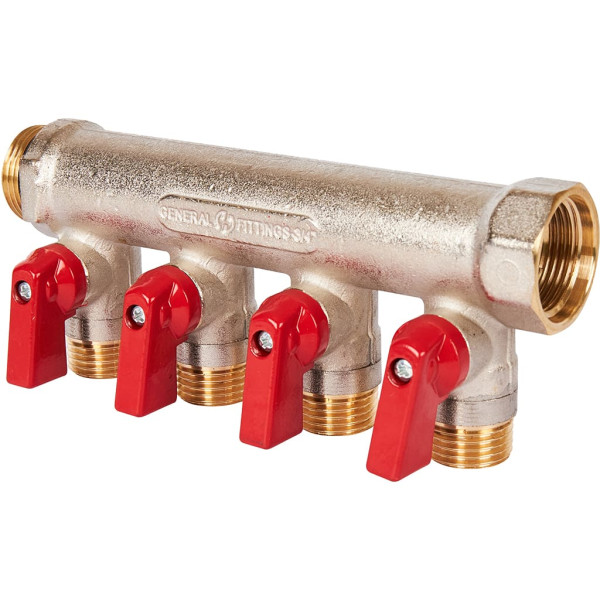 Коллектор 4 отвода с шаровыми клапанами 3/4"x1/2"(16) Stout (никель, красные ручки) (SMB-6210-341204)