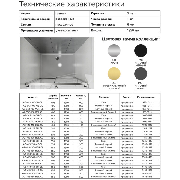 Дверь душевая Azario Shanghai 100x195 стекло прозрачное, профиль графит матовый (AZ-Y43-10-MGR-CL)